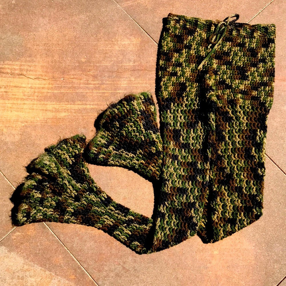 Handmade crochet, camouflage, bell bottom pants, long legs